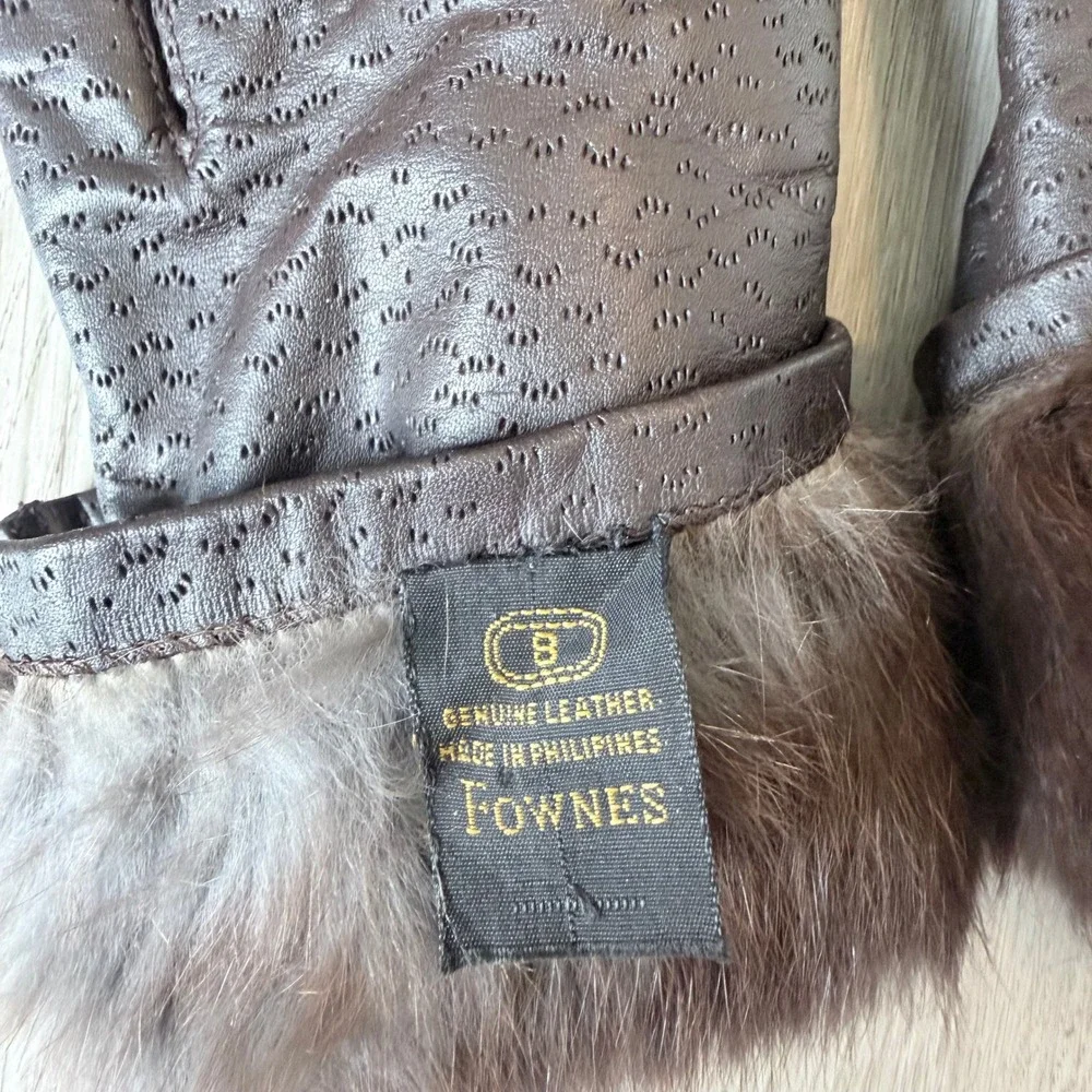 Fownes Vintage Brown Genuine Leather Fur Trim Winter Gloves Womens Classic Sz 8